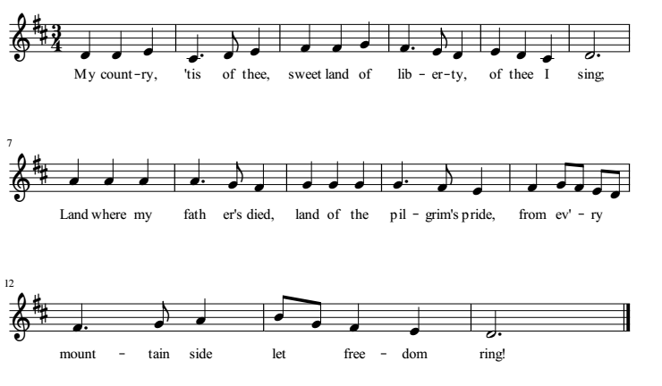 My Country 'Tis of Thee musical notation.